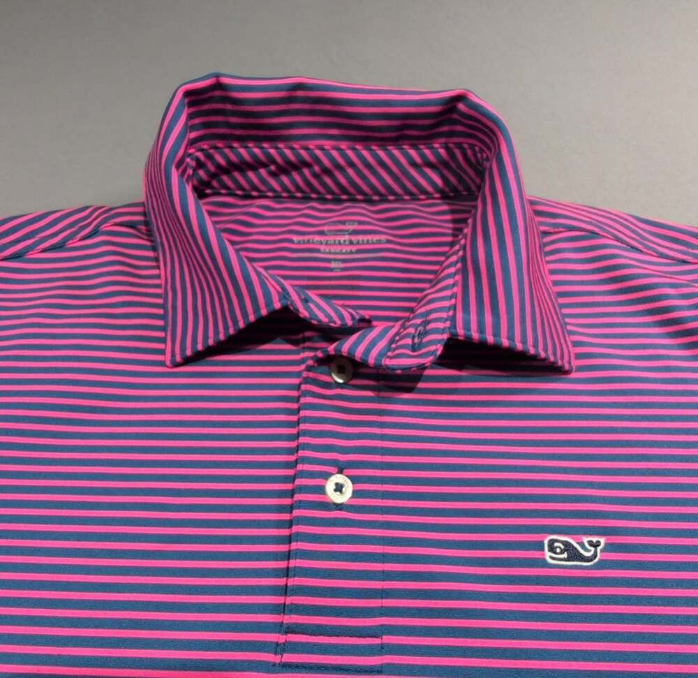 Vineyard Vines Sankaty Performance Polo Size Boys XL Striped Pink Navy